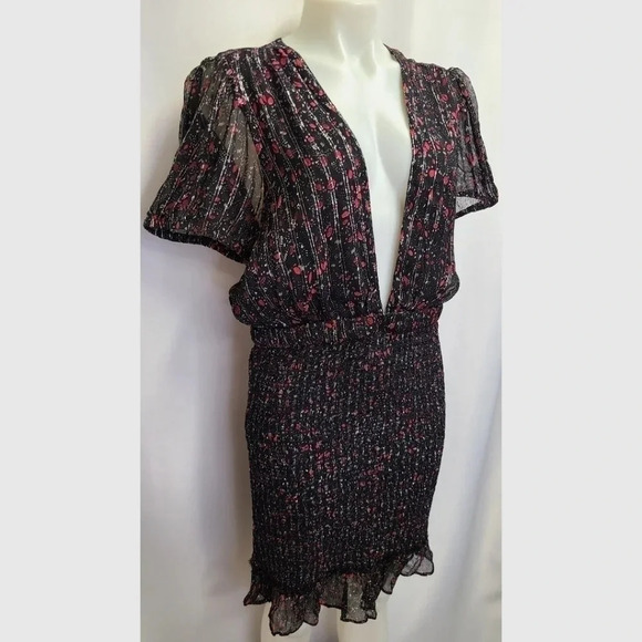 Free People Baby Love Smocked Floral Print Dress Black Red Silver Metallic Large - Picture 5 of 16